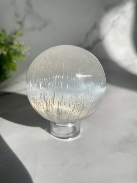 Satin Spar (Selenite) Crystal Sphere W/ FREE Stand