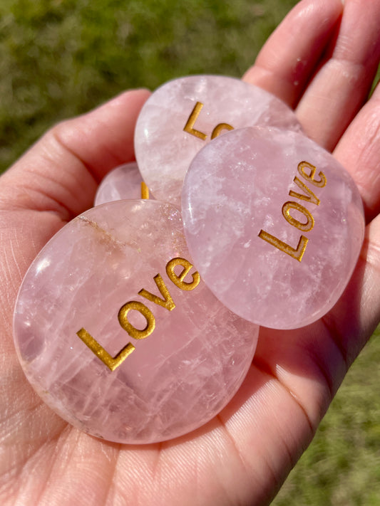 Rose Quartz "Love" Engraved Totem Palm Stones