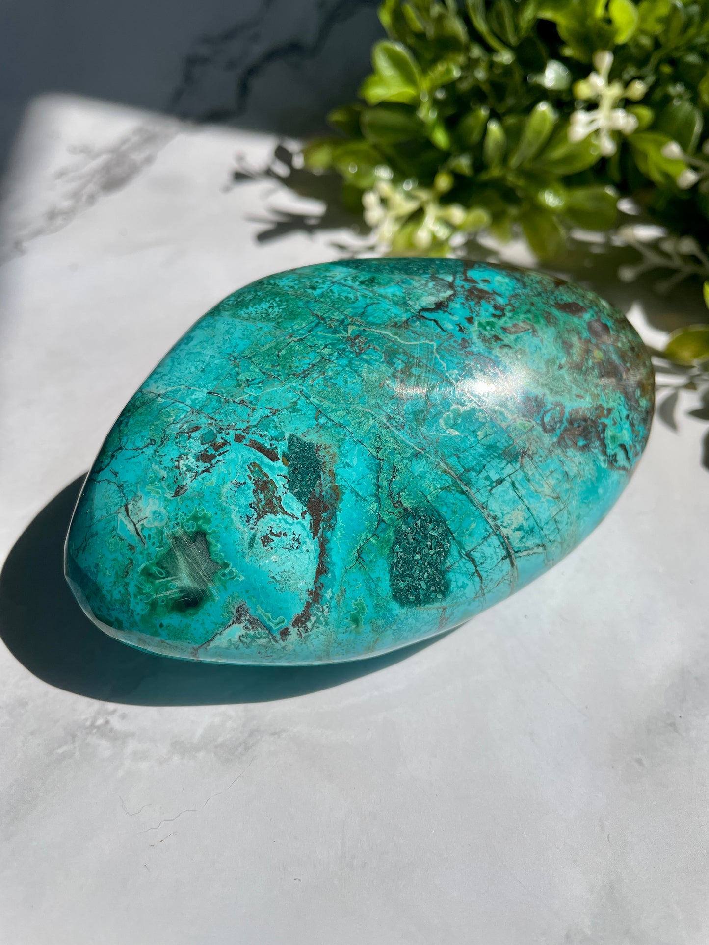 Polished Peruvian Chrysocolla Malachite Matrix Palm Stone