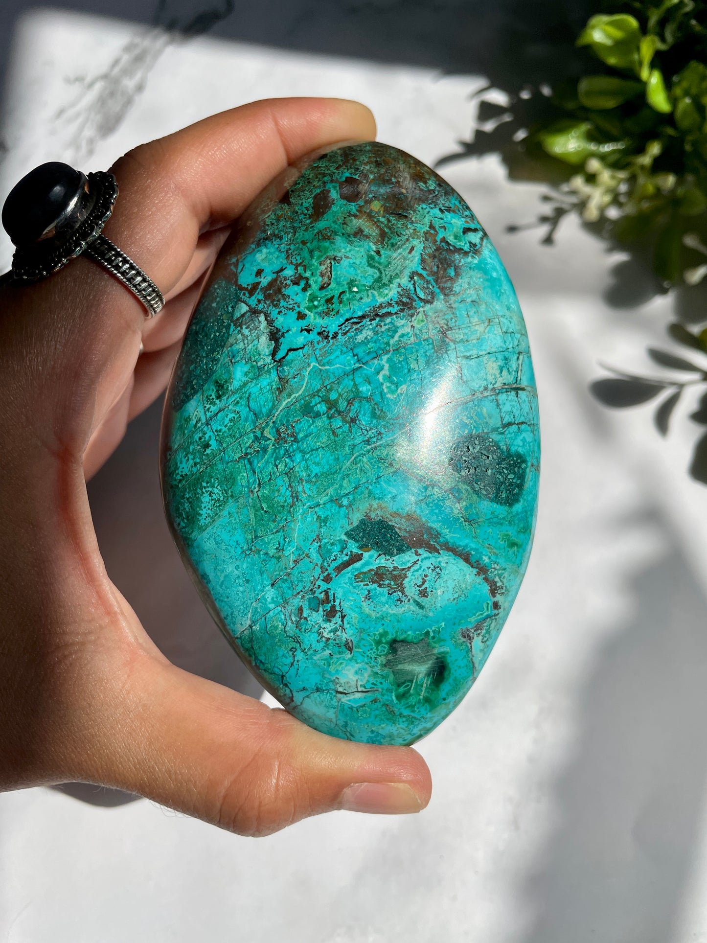 Polished Peruvian Chrysocolla Malachite Matrix Palm Stone