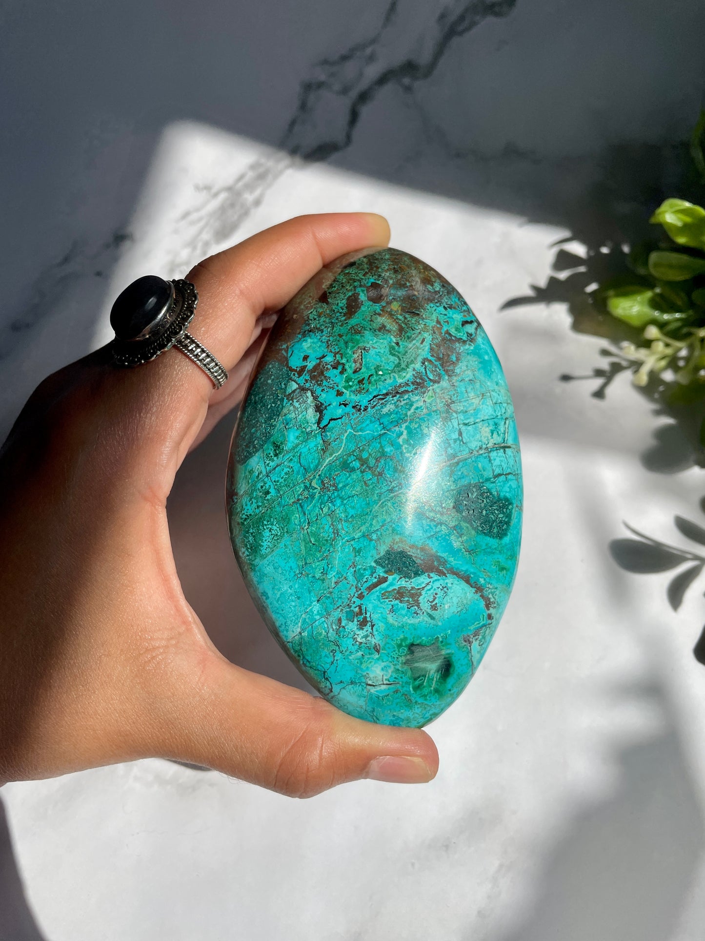 Polished Peruvian Chrysocolla Malachite Matrix Palm Stone