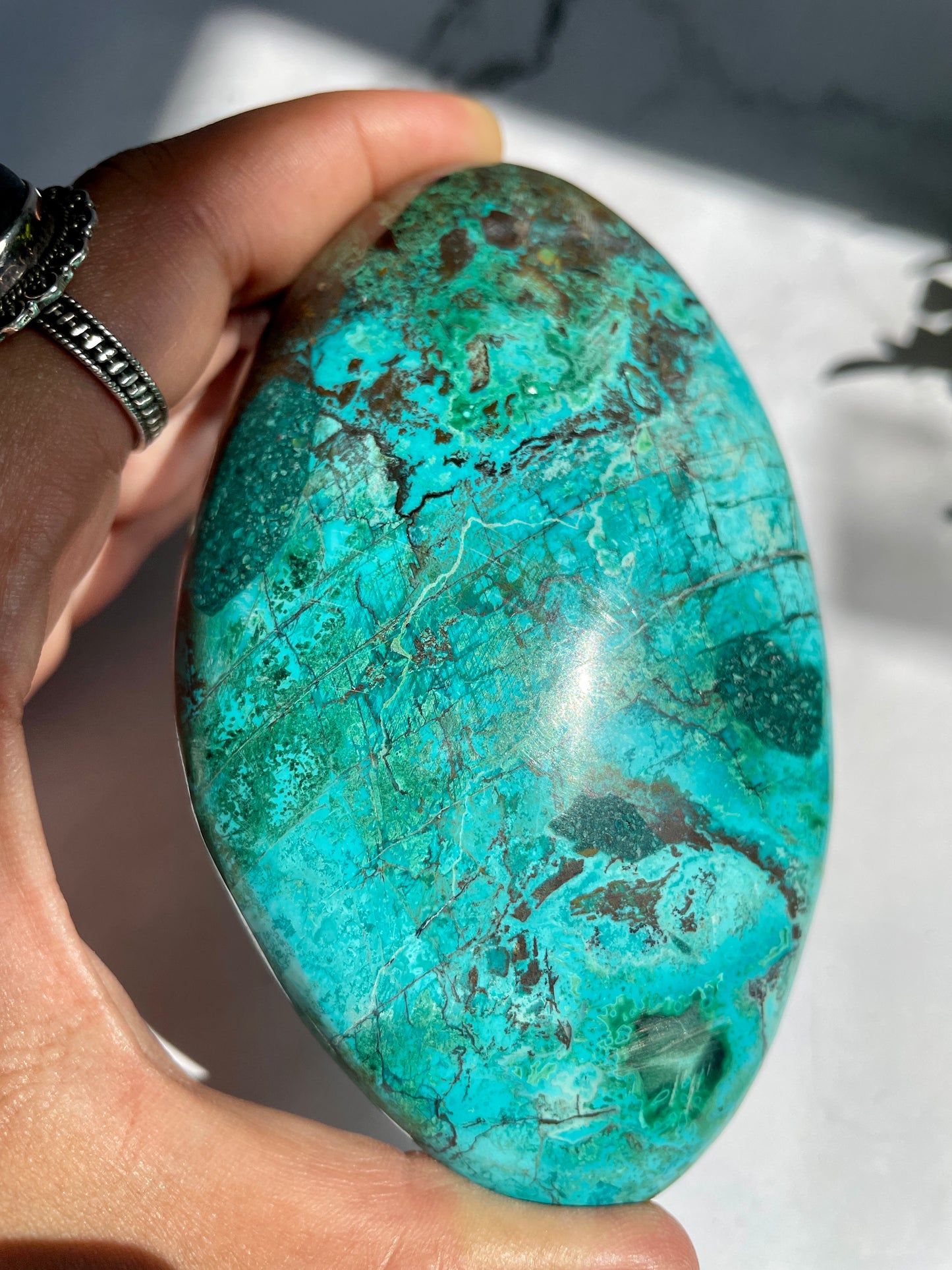 Polished Peruvian Chrysocolla Malachite Matrix Palm Stone