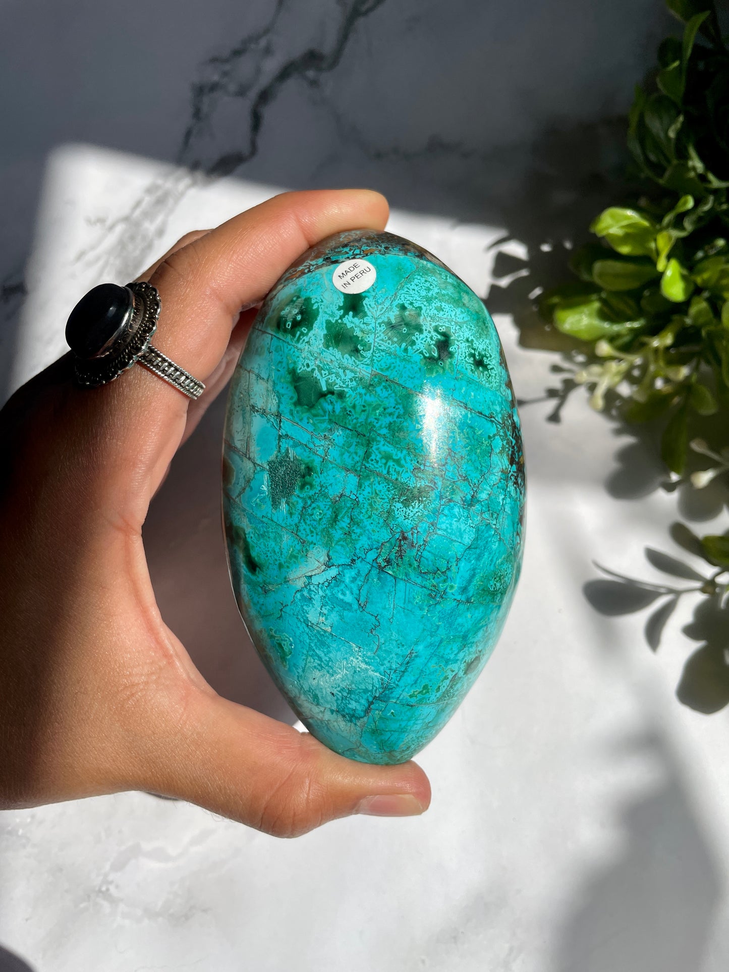 Polished Peruvian Chrysocolla Malachite Matrix Palm Stone