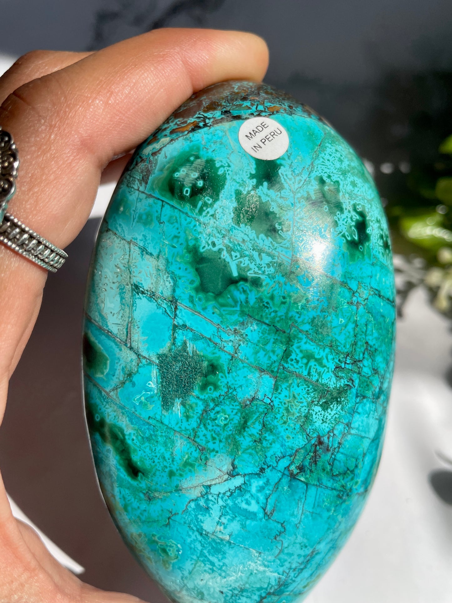 Polished Peruvian Chrysocolla Malachite Matrix Palm Stone