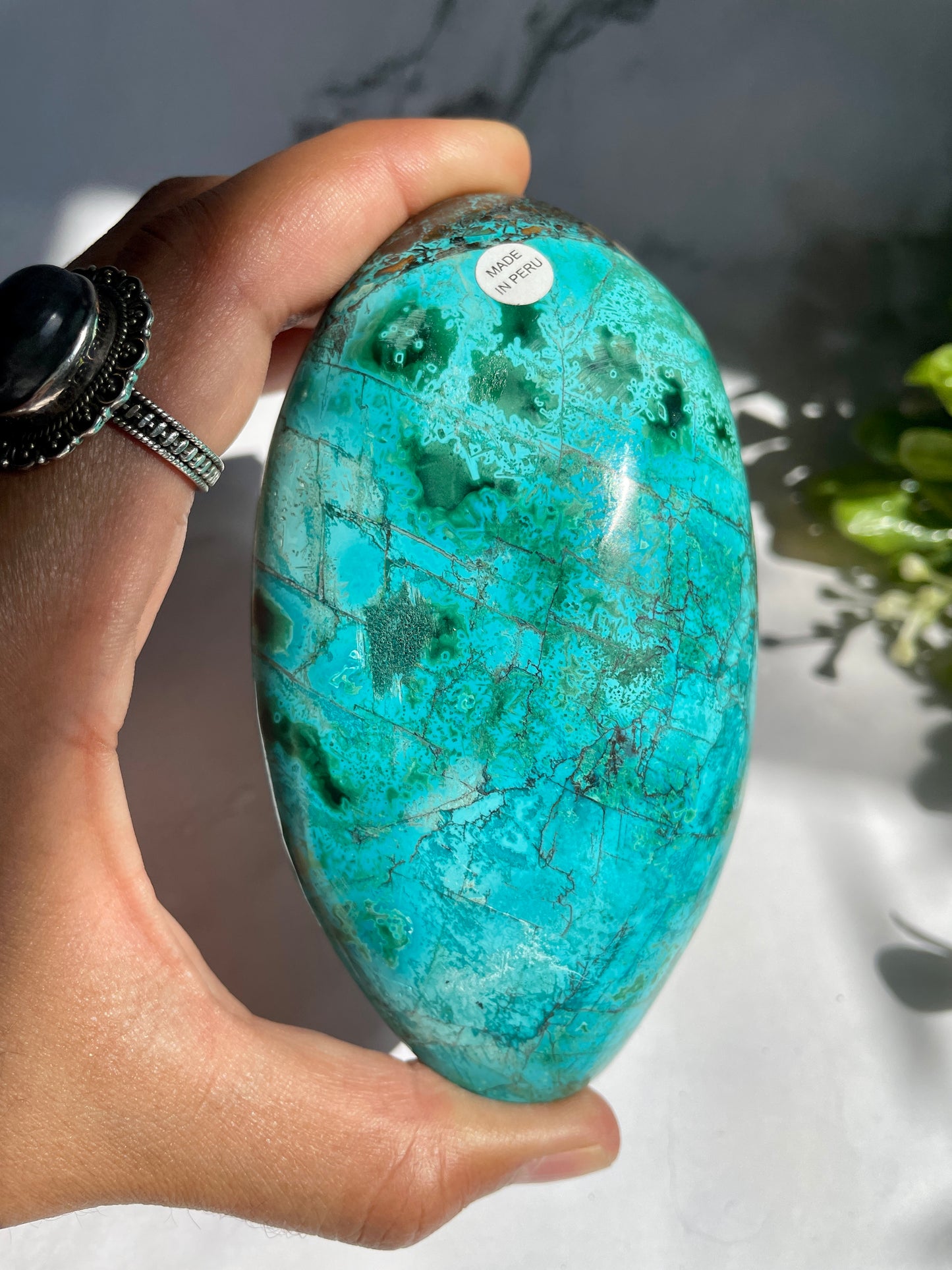 Polished Peruvian Chrysocolla Malachite Matrix Palm Stone