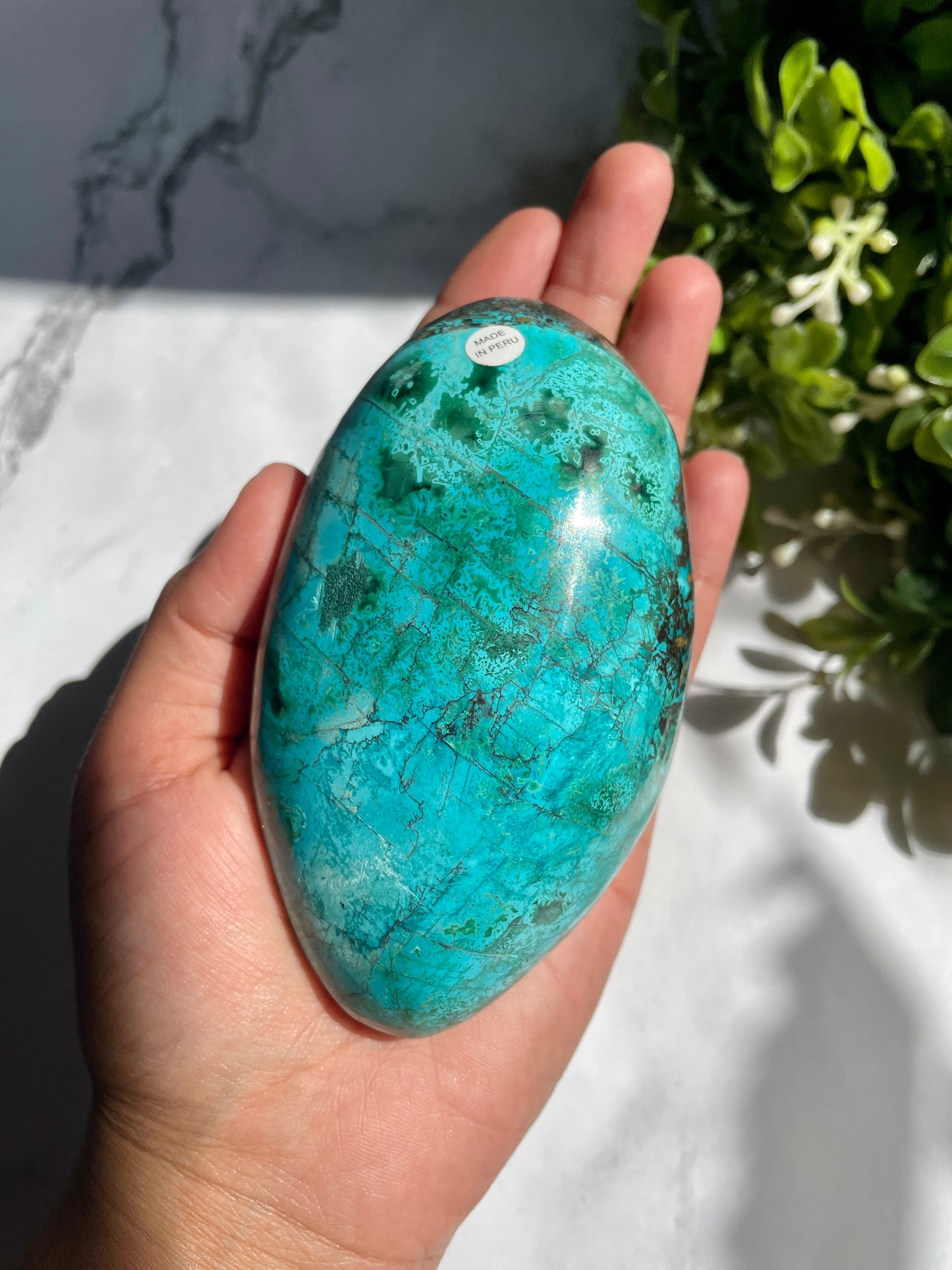 Polished Peruvian Chrysocolla Malachite Matrix Palm Stone