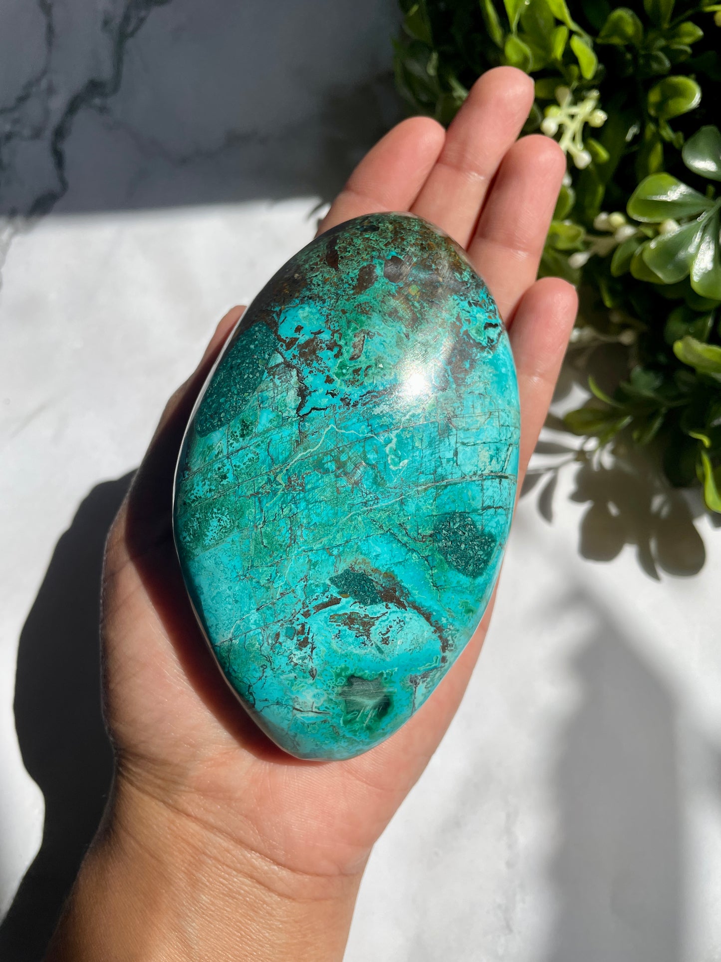 Polished Peruvian Chrysocolla Malachite Matrix Palm Stone