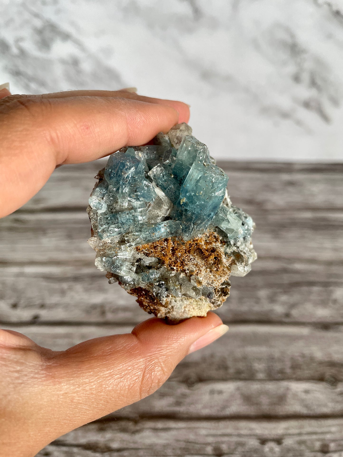 High Quality Deep Blue Aquamarine Cluster On Host Rock