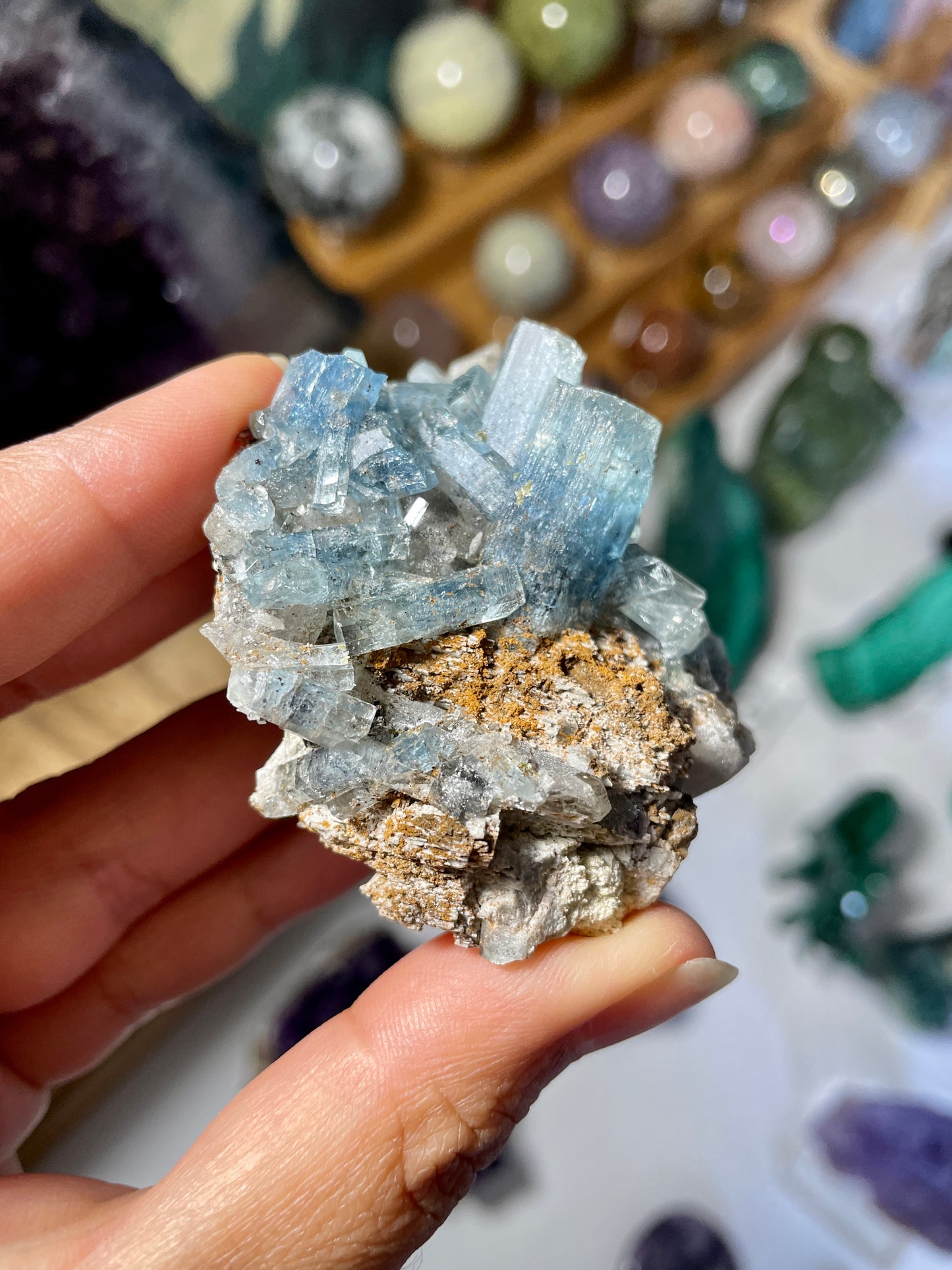 High Quality Deep Blue Aquamarine Cluster On Host Rock